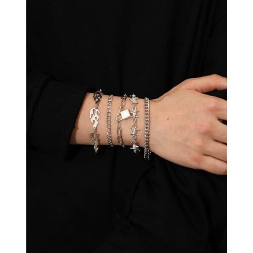 5Pcs Metal Silver Color Punk Flame Lock Geometric Bracelet Multi Layer Chains For Women Teen Fashion Couple Gift Set Accessories