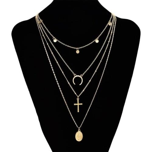 Elegant Simple Fashion Gold Metal Sweater Chains Necklaces Charm Moon Cross Pendant Necklace Clavicular Chains Multilayer