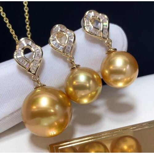 D323 Pearls Sets Fine Jewelry Solid 18k Gold Natural Ocean Sea Round Golden Pearls Jewelry Sets for Women Fine Presents
