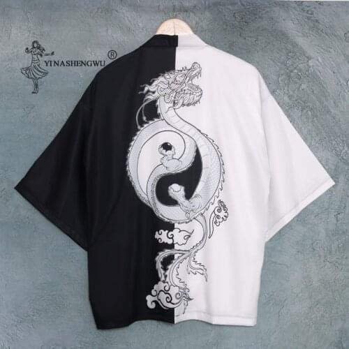 Japanese New Style Man Kimono Harajuku Summer Tai Chi Dragon Sun Protective Jacket Casual Yukata Loose Black White Coat Cardigan