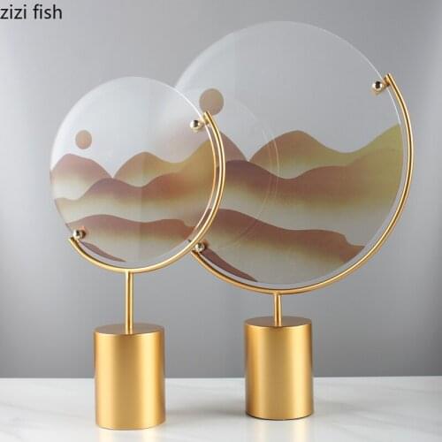 Chinese Mountain View Ornaments Two-piece Suit Acrylic Screen Metal Base Home Living Room Desktop Crafts Decorations Figurines