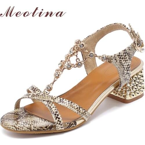Meotina Crystal Mid Heels Sandals Round Toe Thick Heel Footwear Snake Print Women Shoes Summer Fashion Sandals Ladies Black New