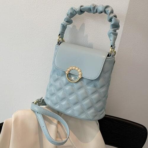 PU Leather Mini Shoulder Bag Women Lattice Embroidery Thread Crossbody Bag With Pleated Handle Designer Handbags Lady Purses