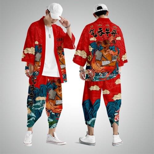 Men Traditional Harajuku Streetwear Samurai Cardigan Costume Yukata Japanese Style Vintage Kimono Haori Pants Set XS-6XL