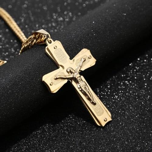 Gold tone 7MM width Mens Crucifix Cross Pendant Necklace Stainless Steel Link Chain 23.6inches