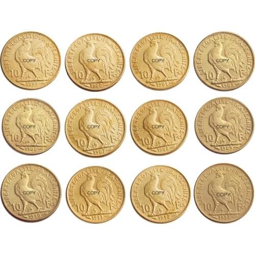 A set of (1899-1914) 12pcs Different Date For Chose France 10 Francs Rooster Gold Plated Copy Decorate Coin