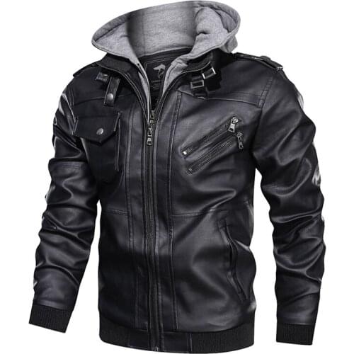2020 Men New Fashion Hooded Leather Jacket Slim PU Leather Motorcycle Jacket Outdoor Winter Military Bomber Jacket-A
