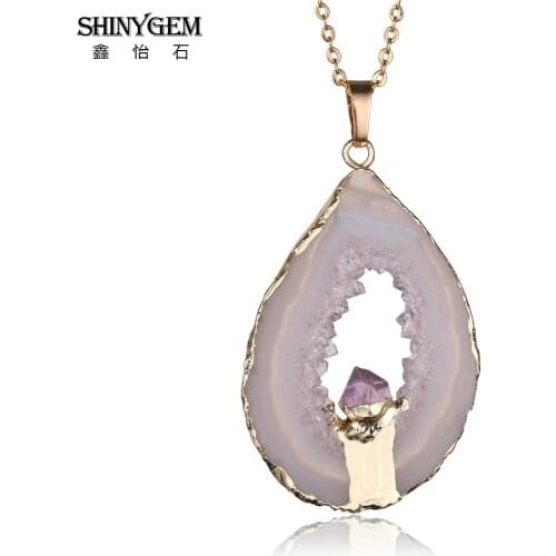 ShinyGem Lucky Black Brown Agates Pendant Necklace Hiding Small Gold Amethysts Mineral Natural Gem Stone Necklaces For Women Men