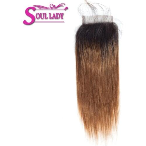 Soul lady Ombre Peruvian Straight Human Hair Lace Closure 1B/30 Pre Plucked With Baby Hair Non-remy Ombre hair Closure Bleached
