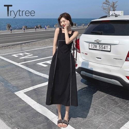 Trytree Summer Womens Dress Casual Cotton Blended A-line Hollow Out Waist Chic Solid Mid-Calf High Street Black Straps Dress