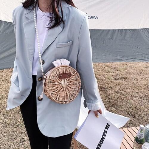 Luxury Brand Pearl Shoulder Strap Straw Bag Womens Drawstring Woven Hard Crossbody Bag for Women Beach Holiday Round Bags Woman