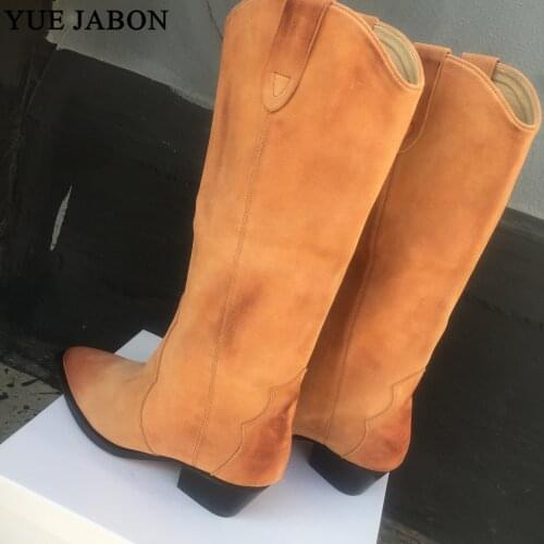 Real Photos Suede Genuine Leather Embroidered Knee high Boots for Women Square chunky heels Cowboy Long Boots Flat Knight Boots