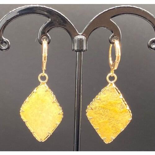 Light Yellow Gold Color Rhombus Shape Malachite Stone Dangle Earrings for Women Rock Crystal Jewelry