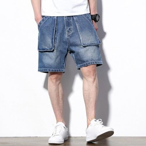 2020 New Summer Mens Denim Shorts Big Size Multi Pocket Casual Loose Japanese Jean Short Male Brand Cargo Shorts For Men Blue