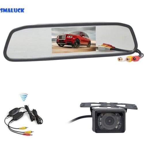 SMALUCK Wireless 4.3" Car Monitor Mirror Monitor + Waterproof IR Night Vision Rear View Car LED HDCamera Parking Accessories Cam