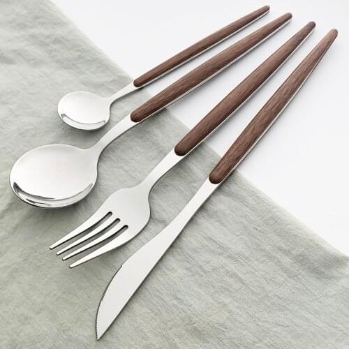 6People Stainless Steel Tableware Wooden Handle Dinnerware Glossy Cutlery Set Knife Fork Tea Spoon Silverware Party Flatware Set