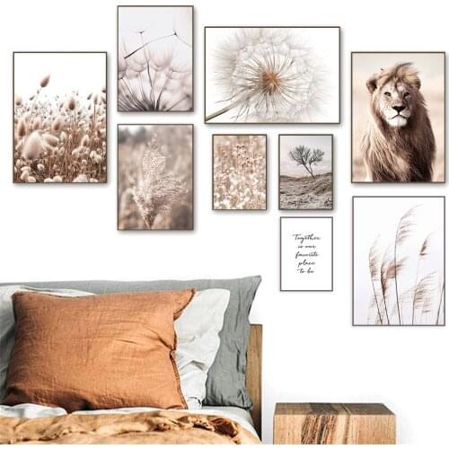 Dry Tree Plants Art Print Reed Grass Dandelion Canvas Painting Lion Wall Art Nordic Poster Wall Pictures For Living Room Decor