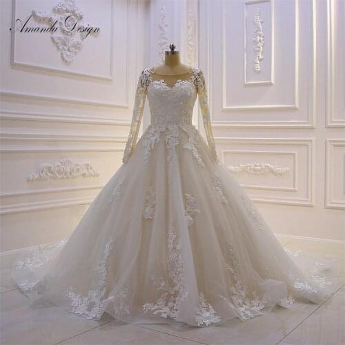 Amanda Design trouwjurk Long Sleeve Lace Appliqued See Through Back Wedding Dress