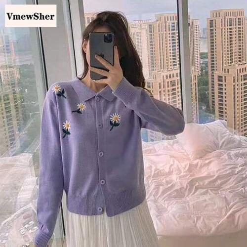 VmewSher New Spring Autumn Women Sweater Turn Down Collar Single Breasted Female Flower Embroidery Long Sleeve Short Pullovers