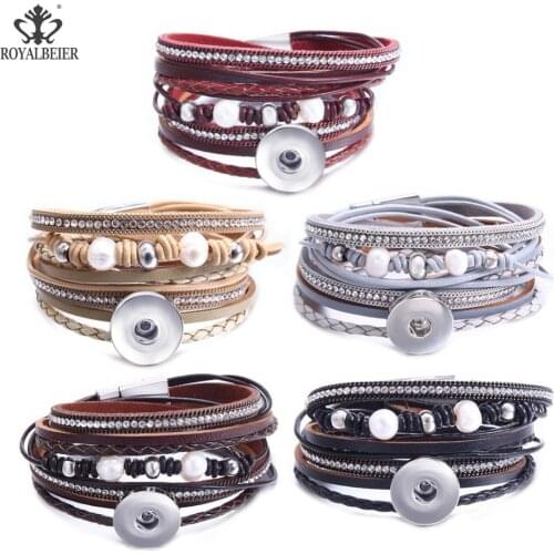 1pcs Nature Bracelet Multiple Layers Leather Bracelet Fit 18mm Snap Button Magnet Buckle For Women Vintage Bracelet&Bangle