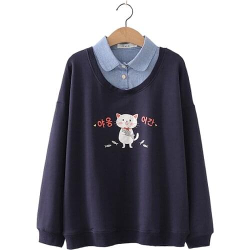 Navy Cartoon Cat Print Patchwork Casual Women Sweatshirts 2020 Autumn Long Sleeve Sleeve Turndown Collar Two Pieces Ladies Tops