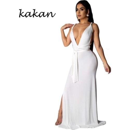 Kakan new womens dress sexy nightclub split fishtail dress stitching ruffled halter dress