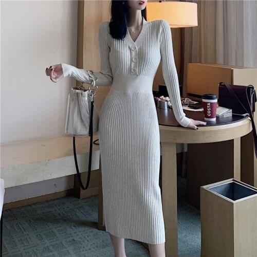 Knitted Dress Women Long Sleeve Sweater Elegant Vintage Dress Female Autumn 2021 Slim Thin One-Piece Dress Korean Office Lady