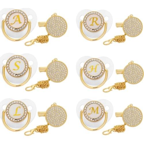 Gold 26 Initials Transparent Color Bling Pacifier Rhinestone Infant Chupete Soother Baby Dummy