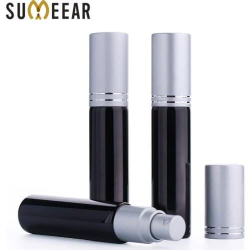 100 PCS/Lot 10ML Refillable Black Perfume Spray Bottle Metal Matte Silver Spray Bottles Atomizer Glass Vials Sample Gift