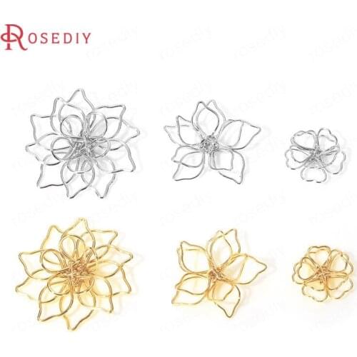 C808)6 pieces 15mm 25mm 31mm 24K Gold Color Brass 3D Wire Flower Charms Pendants High Quality Diy Jewelry Findings Accessories