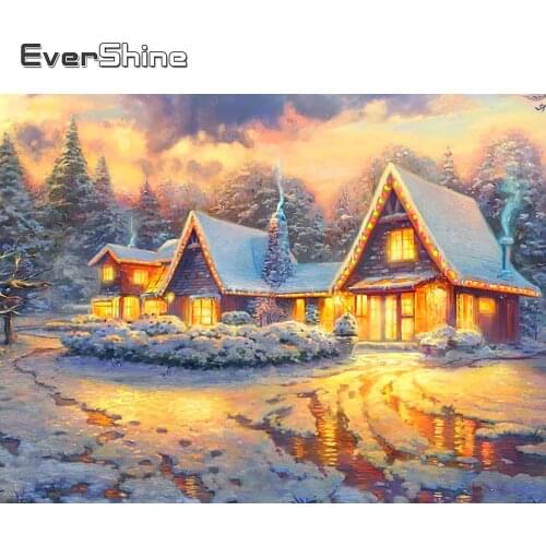 EverShine 5D Diamond Embroidery House Picture Rhinestones Full Square Diamond Painting Winter Landscape Snow Mosaic Home Decor