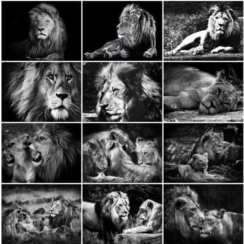 AZQSD Diamond Painting Lion Cross Stitch Rhinestones Black And White Diamond Embroidery Animal Mosaic Handicraft Home Decor