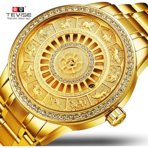 TEVISE Men Automatico Mechanical Watch Skeleton Zodiac Watches Self-winding Waterproof Top luxury gold Clock Relogio Masculino