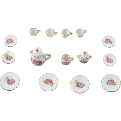 15 pieces Porcelain tea set Dollhouse miniature foods Chinese rose dishes cup-ABUX