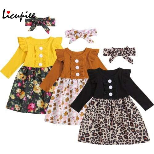 1-5 Years Baby Girl Kids Sets Baby Long Sleeve Dress with Bow Headband, Flower Print Ruffle Decoration High Waist Version