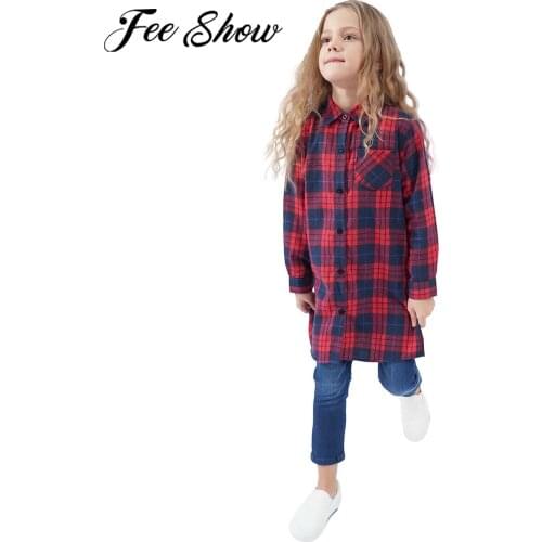 Children Girls Shirts Spring Autumn Long Sleeve Kids Clothing Cotton Brushed Fabric Plaid Shirt Dress Girls Long Shirt Tops Coat