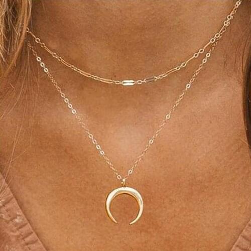 Simple Double Layer Moon Multi-layer Gold Clavicle Chain Necklace Fashion Peach Heart-shape Pendant Clavicle Chain Necklace