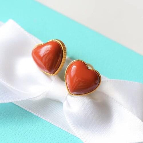 Southern Red Agate Stud Earrings Female with Hearts S925 Sterling Silver Gold Heart-to-Heart Print Earrings Personality Girls E