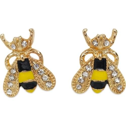 Fashion Cute Women Small Bee Crystal Insect Stud Earrings Lovely Popular Golden Jewelry Accessory Gift