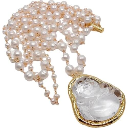 YYGEM Natural White Quartz Carved Buddha Pendant 18"Cultured White Freshwater Pearl Rosary Wrap Chain Statement Necklace
