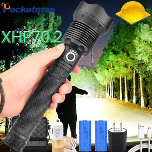 New design brightest XHP70 LED flashlight zoom waterproof led torch use 18650/26650 two types of battery for camping fishing