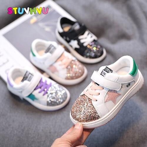 Toddler Girls Shoes for Kids Casual Sneakers White Sequin Leather Childrens Shoes New 2021 Soft-soled Boys Sports Shoes 21-30