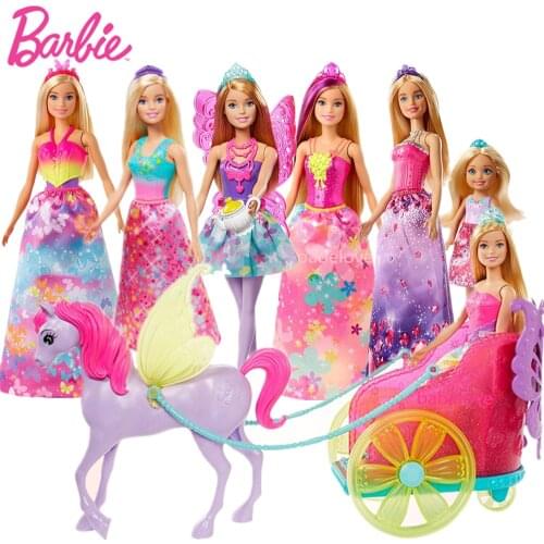 Original Barbie Princess Dolls Dreamtopia Toys for Girls Fashion Bonecas Barbie Dolls with Fantasy Horse and Chariot Accessories
