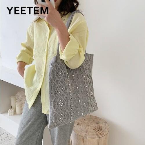 Autumn and Winter Pearl Sweater Soft Student Knitting Open Handbag Shoulder Bag Fresh Wool Knitted Handbags Crossbody Bag