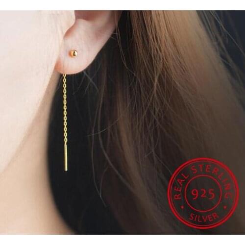 100% 925 Solid Sterling Silver Stud Earring Little Bead Linked 6cm For Women Creative Fine Jewelry DS894