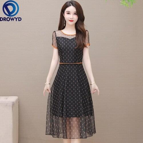 Chiffon Slim Womens Dress New Casual Fashion Dresses Mid-length Summer Short Sleeve Floral Gauze O-neck A-LINE Party Vestidos