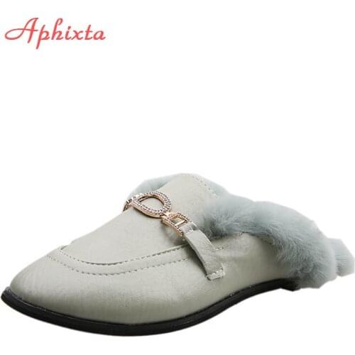 Aphixta Slippers Metal Crystals Buckle Shoes Women Flip Flop 2020 Mules Furry Slides Winter Warm Round Toe Shoes Slippers Female
