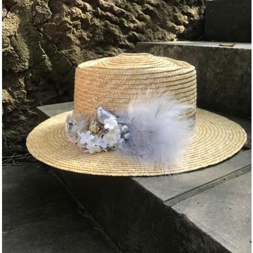Handmade Women Gold Silve Pork Pie Hat Sun Hat 100% Wheat Straw Beach Hat Lady Wide Brim Boater Panama Beach Sunhat Jazz Hat