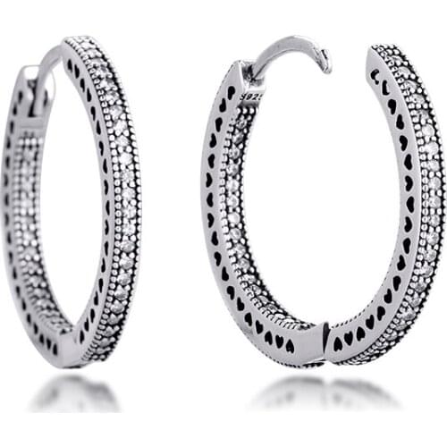 Sparkling and Hearts Hoop Earrings 925 Sterling Silver Clear CZ Wedding Earings for Women Fine Jewelry Pendientes Brincos 27MM