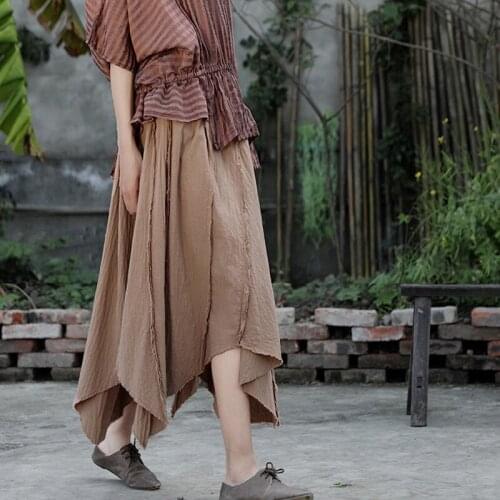 Johnature One Size Asymmetrical Cotton Linen Skirts Summer New Casual Vintage Chinese Style Khaki Solid Color Mid-calf Skirts